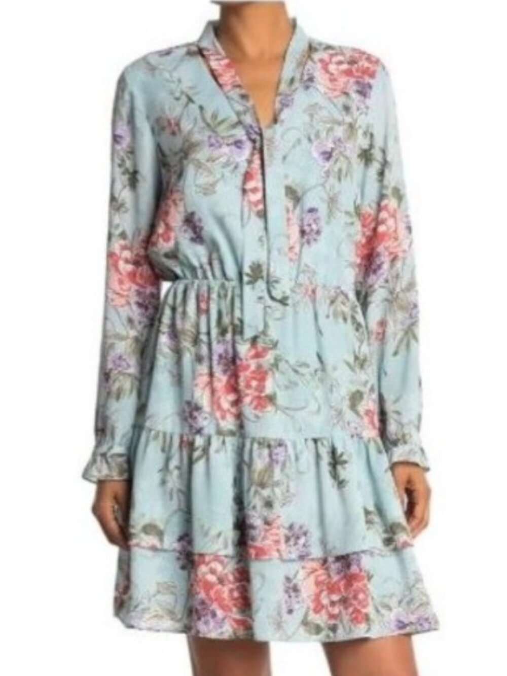 Nanette Lepore Flutter Dress 8 Aqua Floral LS Tie Neck Tiered Skirt NEW WITH TAG